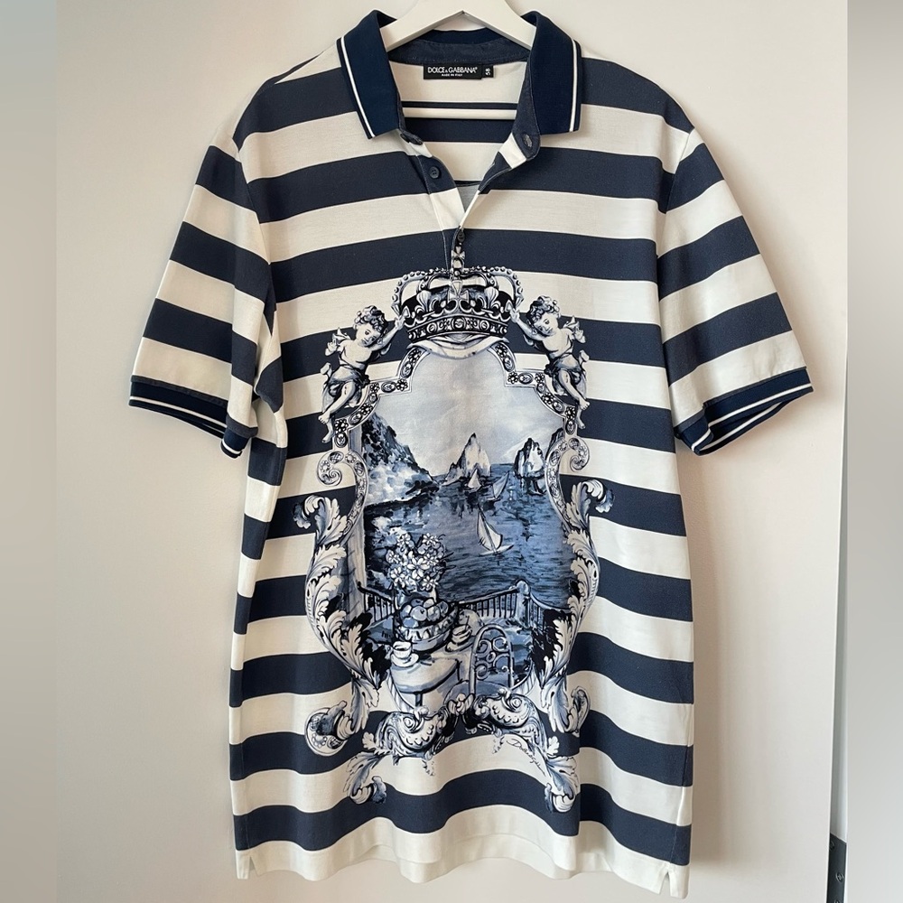 DOLCE & GABBANA 🌊 CAPRI Print Polo 🌊 IT 58. Blue & White.